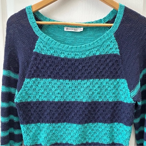 Ricki’s Striped Blue Teal Sweater Lightweight Cotton Open Weave Size Small - Picture 4 of 14